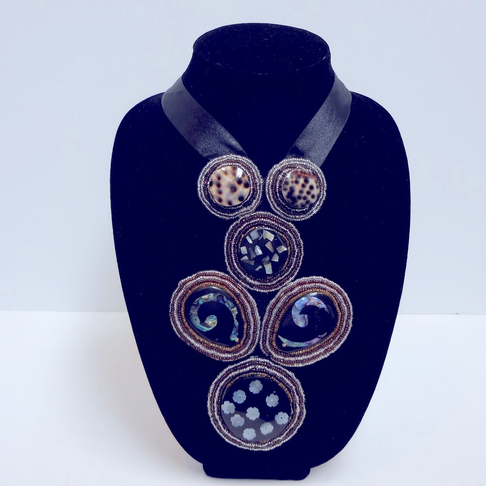 Beaded Shell Bib Necklace  Adjustable Ribbon  NWOT